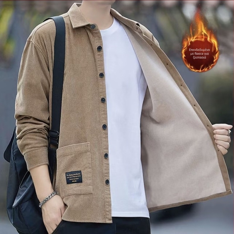Ανδρικό corduroy πουκάμισο – χαλαρή γραμμή, fleece επένδυση, μακριά μανίκια, turn-down γιακά, casual στυλ