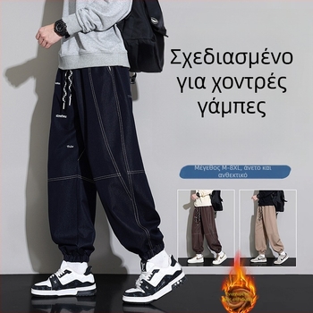 Ανδρικά χαλαρά τζιν μεσαίας μέσης, κορδόνι στη ζώνη, στενό τελείωμα με ραβδωτή ύφανση, Jacquard ύφανση Πολυεστέρα-Βισκόζη-Σπαντέξ