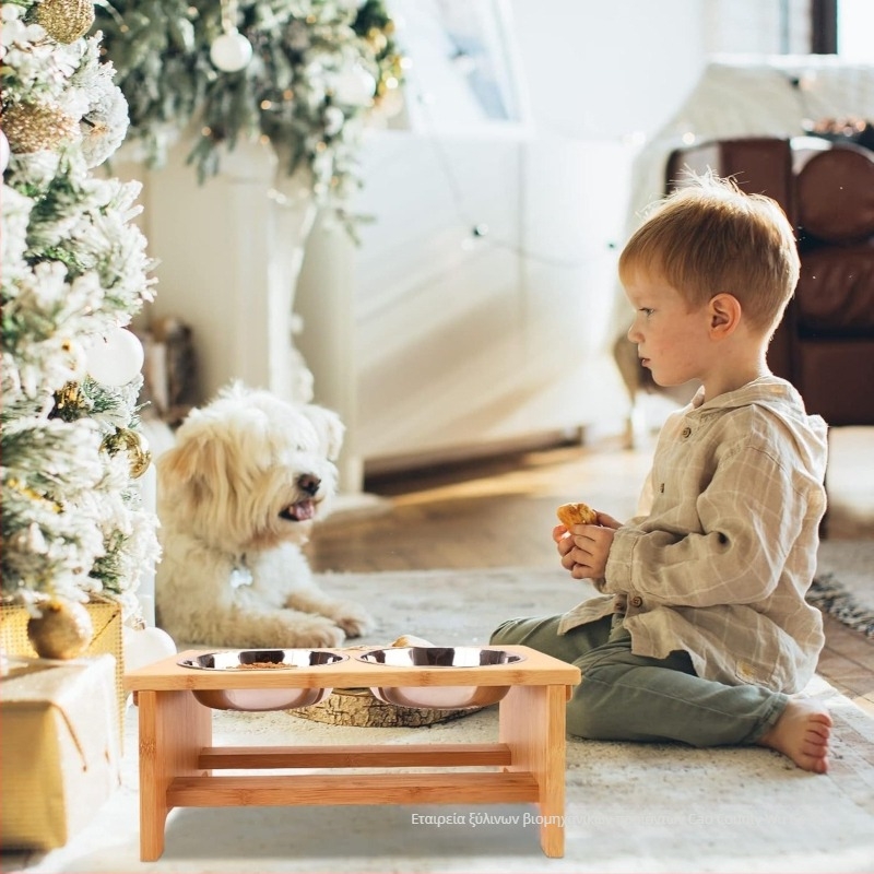Ξύλινο στήριγμα για μπολ κατοικίδίων με κάθετους διπλούς κάδους – ταϊστής για γάτες και σκύλους (Wu ge yi)