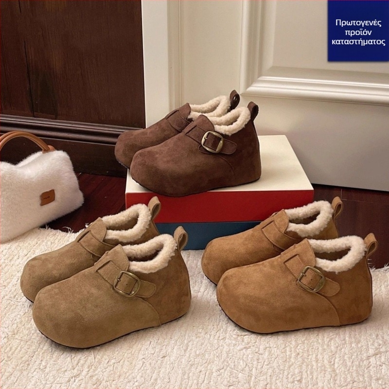 Γυναικείες χειμερινές μπότες με φαρδιά σόλα, επένδυση από συνθετική γούνα, χαμηλός άξονας, κρυφό ύψος αύξησης 3–5 cm, κούμπωμα με αγκράφα