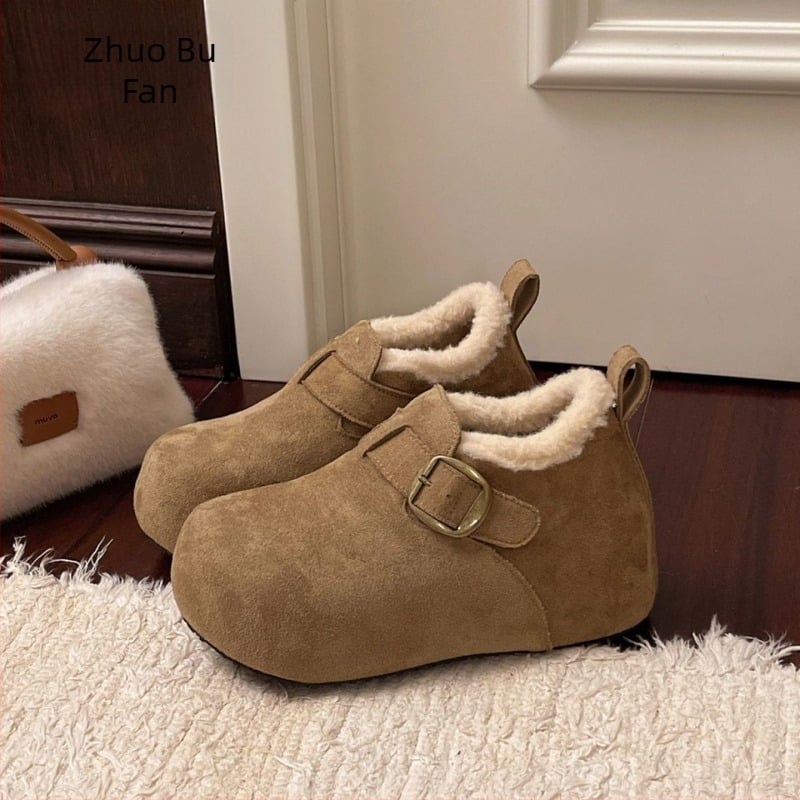 Γυναικείες χειμερινές μπότες με φαρδιά σόλα, επένδυση από συνθετική γούνα, χαμηλός άξονας, κρυφό ύψος αύξησης 3–5 cm, κούμπωμα με αγκράφα