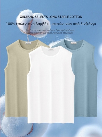 Ανδρικό αμάνικο T-shirt από 100% βαμβάκι μακράς ίνας, 260 g βαρύ ύφασμα, εφαρμοστή γραμμή, μονόχρωμο σχέδιο, ραφή με τρεις βελόνες