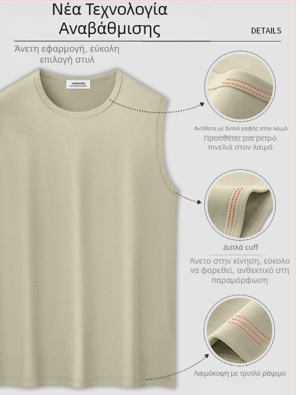 Ανδρικό αμάνικο T-shirt από 100% βαμβάκι μακράς ίνας, 260 g βαρύ ύφασμα, εφαρμοστή γραμμή, μονόχρωμο σχέδιο, ραφή με τρεις βελόνες
