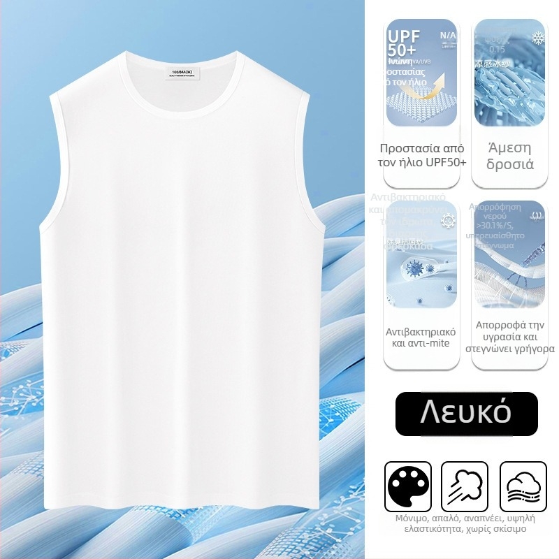Ανδρικό αμάνικο T-shirt από 100% βαμβάκι μακράς ίνας, 260 g βαρύ ύφασμα, εφαρμοστή γραμμή, μονόχρωμο σχέδιο, ραφή με τρεις βελόνες