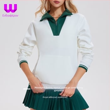 Γυναικείο vintage φούτερ τένις με σταθερό γιακά και μισό φερμουάρ, μακριά μανίκια; Ύφασμα: Space Cotton; Σύνθεση υφάσματος: Βαμβάκι; Επένδυση: Space Cotton; Σύνθεση επένδυσης: Βαμβάκι