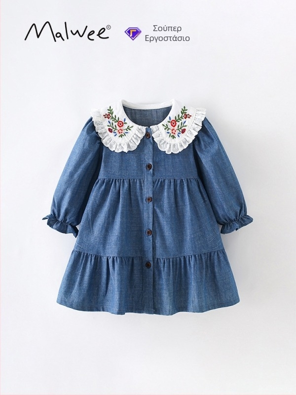 Παιδικό φόρεμα από βαμβάκι με μακριά μανίκια, στυλ πριγκίπισσα με γιακά κούκλας, μοτίβο καρτούν και λουλούδια, φθινοπωρινό-χειμερινό, για ηλικίες 3–8 ετών