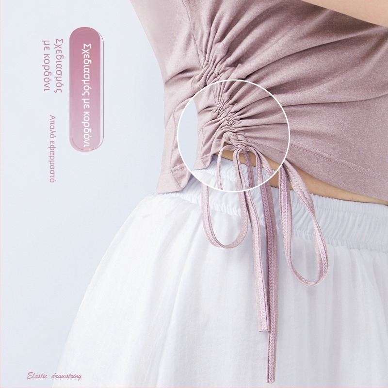 Καλοκαιρινό γυναικείο τοπ χορού με κοντά μανίκια, στρογγυλό λαιμό, κορδόνι, για μπαλέτο, λατινικό και μοντέρνο χορό, πολυεστερικό ύφασμα