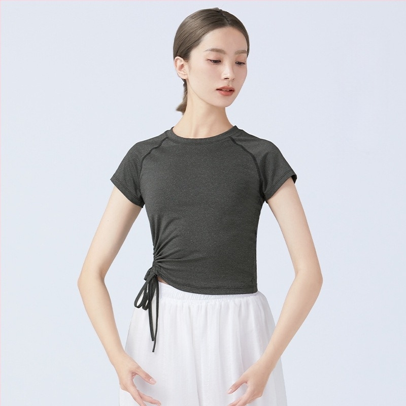 Καλοκαιρινό γυναικείο τοπ χορού με κοντά μανίκια, στρογγυλό λαιμό, κορδόνι, για μπαλέτο, λατινικό και μοντέρνο χορό, πολυεστερικό ύφασμα