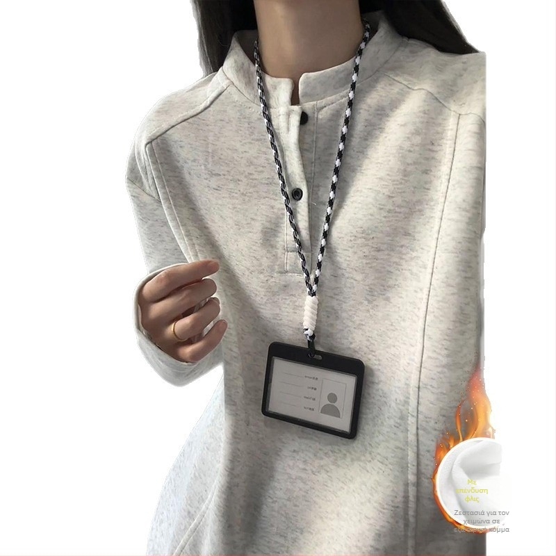 Τ-shirt από Πολυεστέρα-Βαμβάκι με V-λαιμόκοψη, μακριά μανίκια, φαρδιά γραμμή, κανονικό μήκος