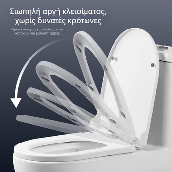 Καπάκι λεκάνης τουαλέτας, παχύτερο, ανθεκτικό στη ρήξη, με απαλό κλείσιμο, σε σχεδιασμό με σχήμα U ή V, υλικό PP, ρυθμιζόμενο διάκενο με 13–17 mm.