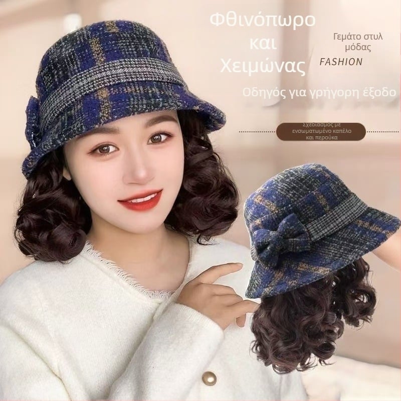 Γυναικείο καπέλο με ολοκληρωμένη περούκα, σε στυλ καπέλο-ψαρά, φυσική όψη, μαλλιά από υψηλής θερμοκρασίας μετάξι, καλύπτει τις γκρίζες τρίχες