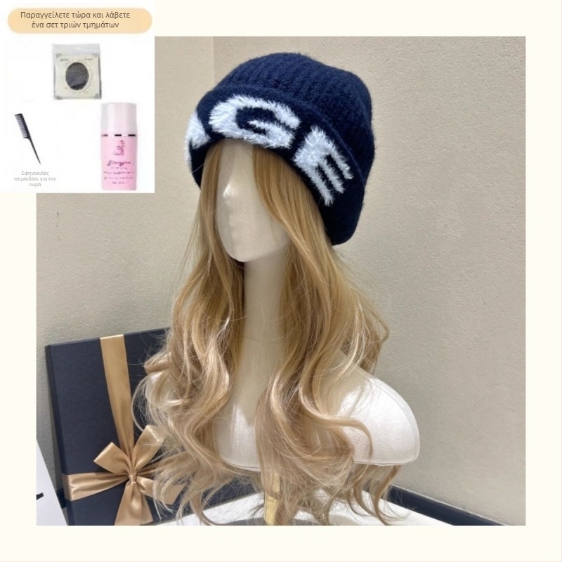 Περούκα-καπέλο με μακριά σγουρά μαλλιά, φυσικό στυλ, ινες μεταξιού υψηλής θερμοκρασίας, μη βαφόμενη, μηχανική επεξεργασία