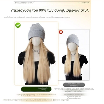 Περούκα-καπέλο με ενσωματωμένο πλεκτό καπέλο, φυσικό στυλ, μακριά ίσια μαλλιά; Υλικό μαλλιών: θερμοανθεκτικό μετάξι; Τύπος περούκας: καπέλο-περούκα; Διαδικασία: μηχανοποιημένη; Φράντ: Χωρίς φράντ