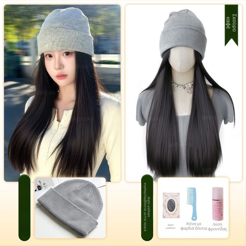 Περούκα-καπέλο με ενσωματωμένο πλεκτό καπέλο, φυσικό στυλ, μακριά ίσια μαλλιά; Υλικό μαλλιών: θερμοανθεκτικό μετάξι; Τύπος περούκας: καπέλο-περούκα; Διαδικασία: μηχανοποιημένη; Φράντ: Χωρίς φράντ