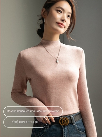 Πλεκτή μονόχρωμη μακριμάνικη T‑shirt με γιακά-στάντ, στενή γραμμή