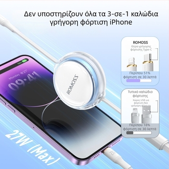 Romoss 3-σε-1 καλώδιο γρήγορης φόρτισης δεδομένων με Lightning, Micro USB και Type-C — μία κεφαλή, μέγιστη ισχύς εξόδου 100, υλικό PC+ABS