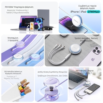 Romoss 3-σε-1 καλώδιο γρήγορης φόρτισης δεδομένων με Lightning, Micro USB και Type-C — μία κεφαλή, μέγιστη ισχύς εξόδου 100, υλικό PC+ABS