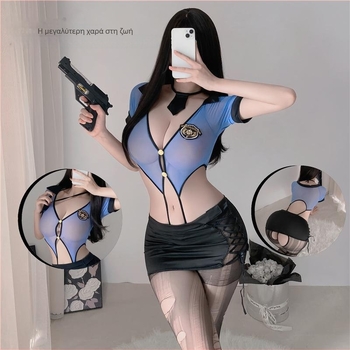 Σετ cosplay αστυνομικού: ολόσωμο μπούτο με πάνελ από δίχτυ, διαφανείς λεπτομέρειες και V-λαιμό, φούστα-μέση; ύφασμα πολυεστέρα, 80–90% πολυεστέρα