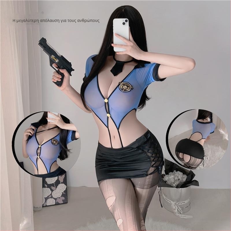 Σετ cosplay αστυνομικού: ολόσωμο μπούτο με πάνελ από δίχτυ, διαφανείς λεπτομέρειες και V-λαιμό, φούστα-μέση; ύφασμα πολυεστέρα, 80–90% πολυεστέρα