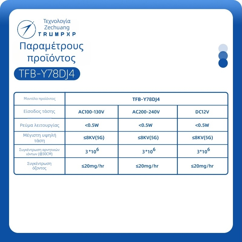 Γεννήτρια Πλάσματος - Αποστείρωση και Καθαρισμός Αέρα, Μοντέλο TFB-Y78DJ4; Μέγεθος Μονάδας Τροφοδοσίας 42.5×23×30 mm; Μέγεθος Πράσινου Φορτίου 280×280×10 mm