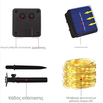 Ηλιακή εξωτερική σειρά LED με χαλκό καλώδιο για διακόσμηση αυλής, αδιάβροχη IP65, 200 lm, 0.06 W, τροφοδοσία με ηλιακή ενέργεια