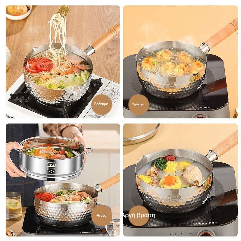 Κατσαρόλα γάλακτος από ανοξείδωτο χάλυβα 316, πολύστρωτη βάση, γυάλινο καπάκι, αντικολλητικό εσωτερικό, μοντέρνο μινιμαλιστικό στυλ