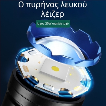 Φακός LED με οπτικό ζουμ, 20W, εμβέλεια έως 500 m, Φόρτιση Type-C, Επιλογές μπαταρίας: 26650/18650/AAA