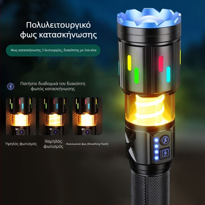 Φακός LED με οπτικό ζουμ, 20W, εμβέλεια έως 500 m, Φόρτιση Type-C, Επιλογές μπαταρίας: 26650/18650/AAA
