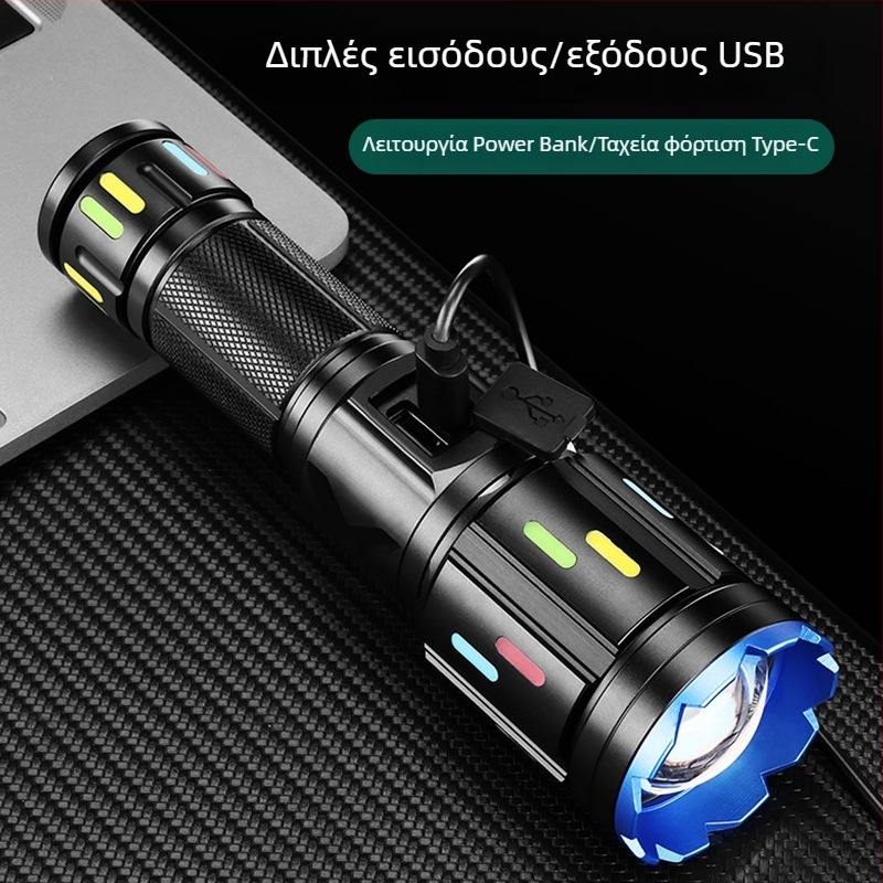 Φακός LED με οπτικό ζουμ, 20W, εμβέλεια έως 500 m, Φόρτιση Type-C, Επιλογές μπαταρίας: 26650/18650/AAA