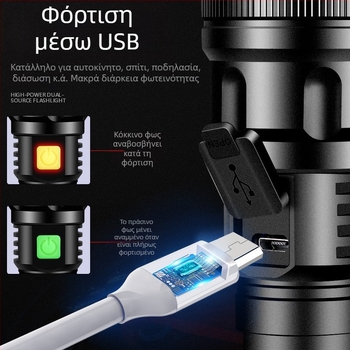 Φακός LED, σώμα από κράμα αλουμινίου, ισχύς 10W, μπαταρία 2400 mAh, εμβέλεια 200–500 m