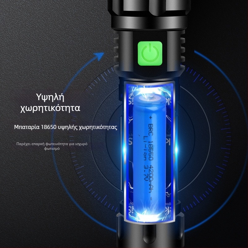 Φακός LED, σώμα από κράμα αλουμινίου, ισχύς 10W, μπαταρία 2400 mAh, εμβέλεια 200–500 m