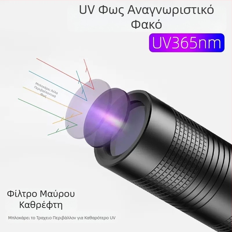 UV φακός LED 365nm, επαναφορτιζόμενος, αλουμινένιο σώμα, πολυλειτουργικός φθοριστικός ανιχνευτικός στυλό-φως