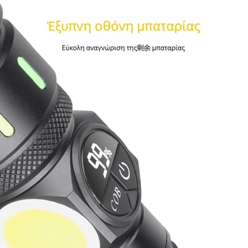 Φορτιζόμενος COB φακός με πλευρικό φως, 30W LED, μπαταρία 3000mAh, φόρτιση USB, αλουμινένιο σώμα, εμβέλεια 200–500 m