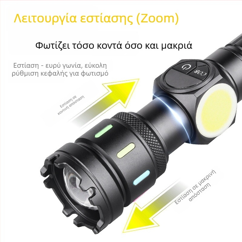Φορτιζόμενος COB φακός με πλευρικό φως, 30W LED, μπαταρία 3000mAh, φόρτιση USB, αλουμινένιο σώμα, εμβέλεια 200–500 m