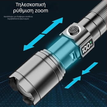 Επαναφορτιζόμενος φακός LED με ισχύ 30W, μπαταρία 1800mAh, περίβλημα από κράμα αλουμινίου, LED πηγή φωτισμού, εμβέλεια 200-500 m