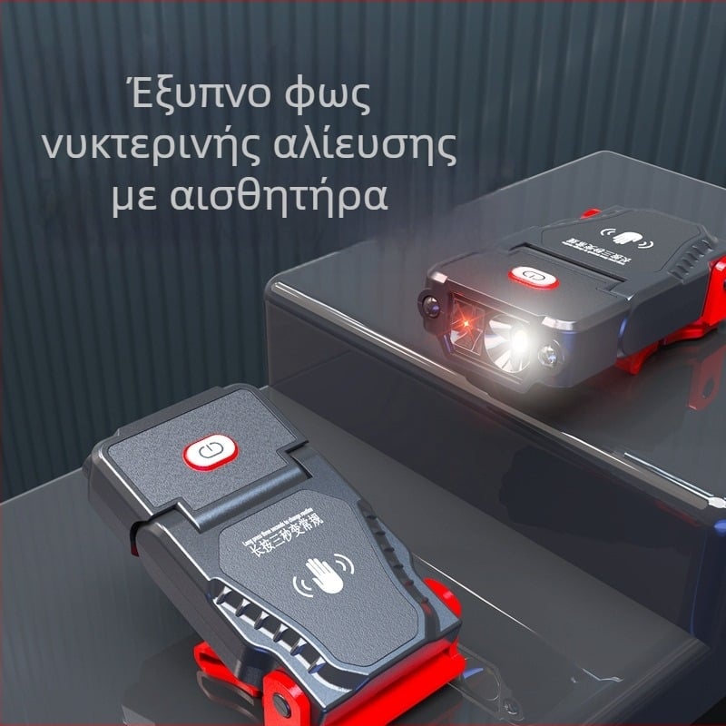 LED κεφαλοφανάρι με κλιπ για καπέλο και γείσο, επαναφορτιζόμενο 3.7V, χωρητικότητα μπαταρίας 1200, λειτουργία χειροκίνητης πίεσης