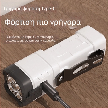 Ελαφρύ φακός LED τεσσάρων κόμβων με COB προβολέα μεγάλης δέσμης και πλευρικό φως, εξωτερική χρήση, υψηλή φωτεινότητα, σταθερός εστιασμός, τετραβάθμη ρύθμιση