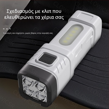 Ελαφρύ φακός LED τεσσάρων κόμβων με COB προβολέα μεγάλης δέσμης και πλευρικό φως, εξωτερική χρήση, υψηλή φωτεινότητα, σταθερός εστιασμός, τετραβάθμη ρύθμιση