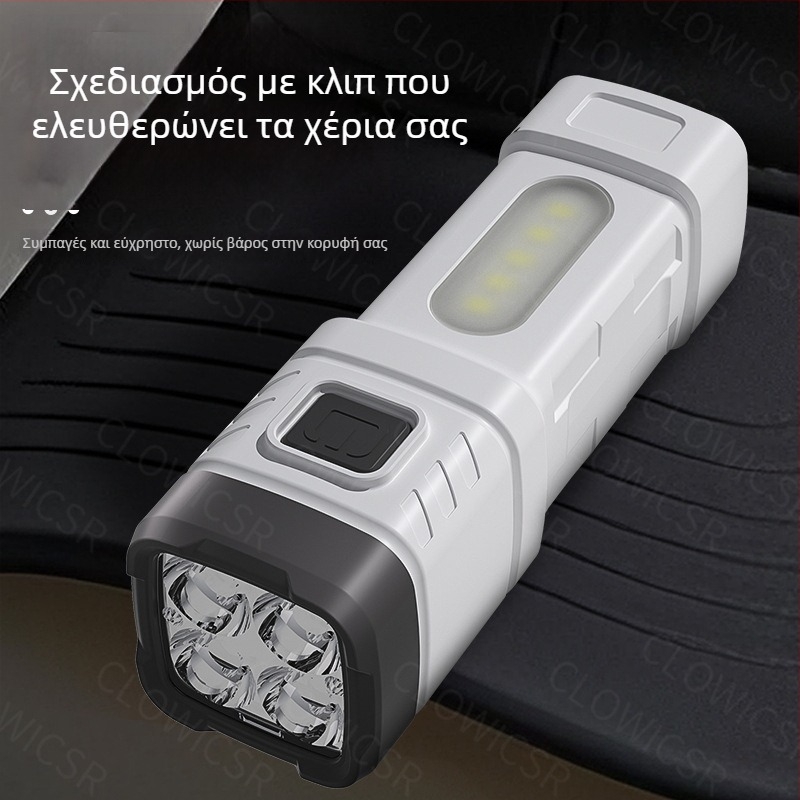 Ελαφρύ φακός LED τεσσάρων κόμβων με COB προβολέα μεγάλης δέσμης και πλευρικό φως, εξωτερική χρήση, υψηλή φωτεινότητα, σταθερός εστιασμός, τετραβάθμη ρύθμιση