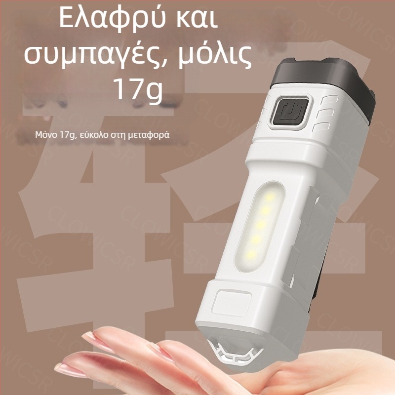 Ελαφρύ φακός LED τεσσάρων κόμβων με COB προβολέα μεγάλης δέσμης και πλευρικό φως, εξωτερική χρήση, υψηλή φωτεινότητα, σταθερός εστιασμός, τετραβάθμη ρύθμιση