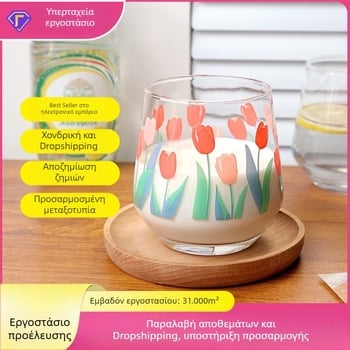 Γυάλινο ποτήρι νερού από θερμικά ανθεκτικό γυαλί, μοντέρνος καλλιτεχνικός σχεδιασμός, χωρίς χερούλι και καπάκι, φλοράλ μοτίβο, σετ από δύο τεμάχια