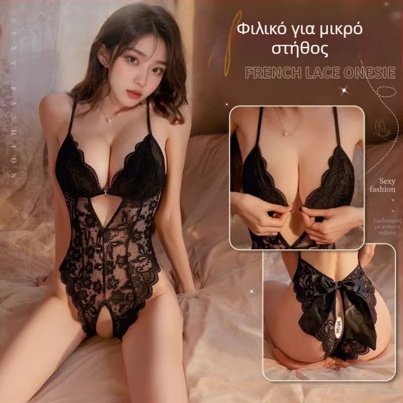 Γυναικείο δαντελένιο ολόσωμο με ανοιχτό καβάλο, διαφανές ύφασμα, πολυεστέρας 80–90%, άνοιξη 2025