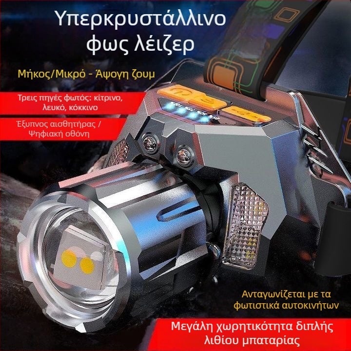 LED κεφαλόφακος με τρεις LED λειτουργίες για υπαίθρια νυχτερινή αλιεία, 30W, 360° περιστροφή, εμβέλεια δέσμης πάνω από 500 m, ενσωματωμένη μπαταρία λιθίου