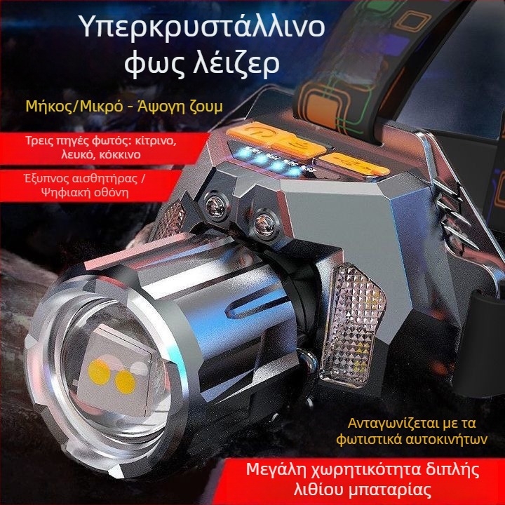 LED κεφαλόφακος με τρεις LED λειτουργίες για υπαίθρια νυχτερινή αλιεία, 30W, 360° περιστροφή, εμβέλεια δέσμης πάνω από 500 m, ενσωματωμένη μπαταρία λιθίου