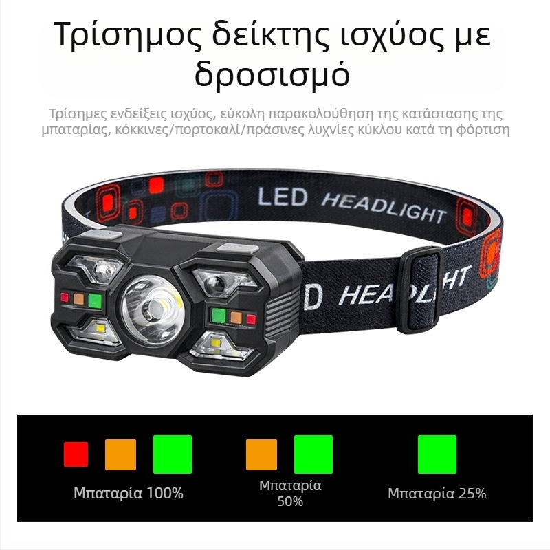 Φακός κεφαλής με αισθητήρα κίνησης, LED 5W, επαναφορτιζόμενη μπαταρία 800mAh, εμβέλεια δέσμης 50–100 m, κατάλληλος για ορειβασία, κατασκήνωση και νυχτερινή αλιεία