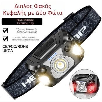 LED κεφαλόφως με φόρτιση USB, χειροκίνητη λειτουργία, εμβέλεια 50–100 m