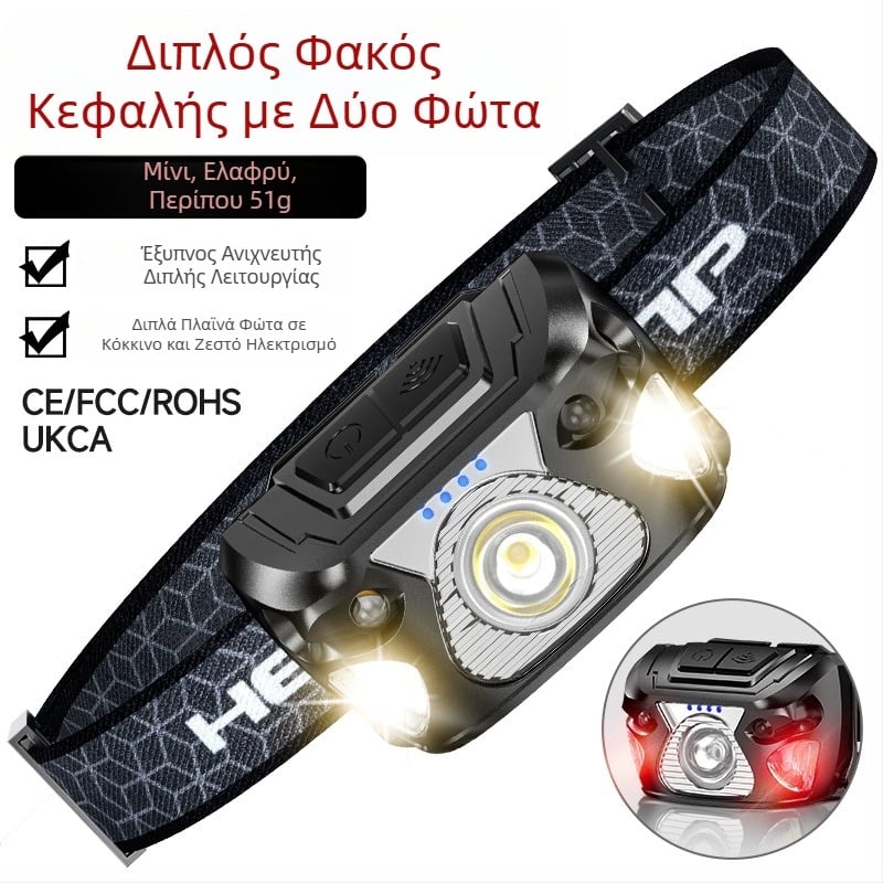 LED κεφαλόφως με φόρτιση USB, χειροκίνητη λειτουργία, εμβέλεια 50–100 m
