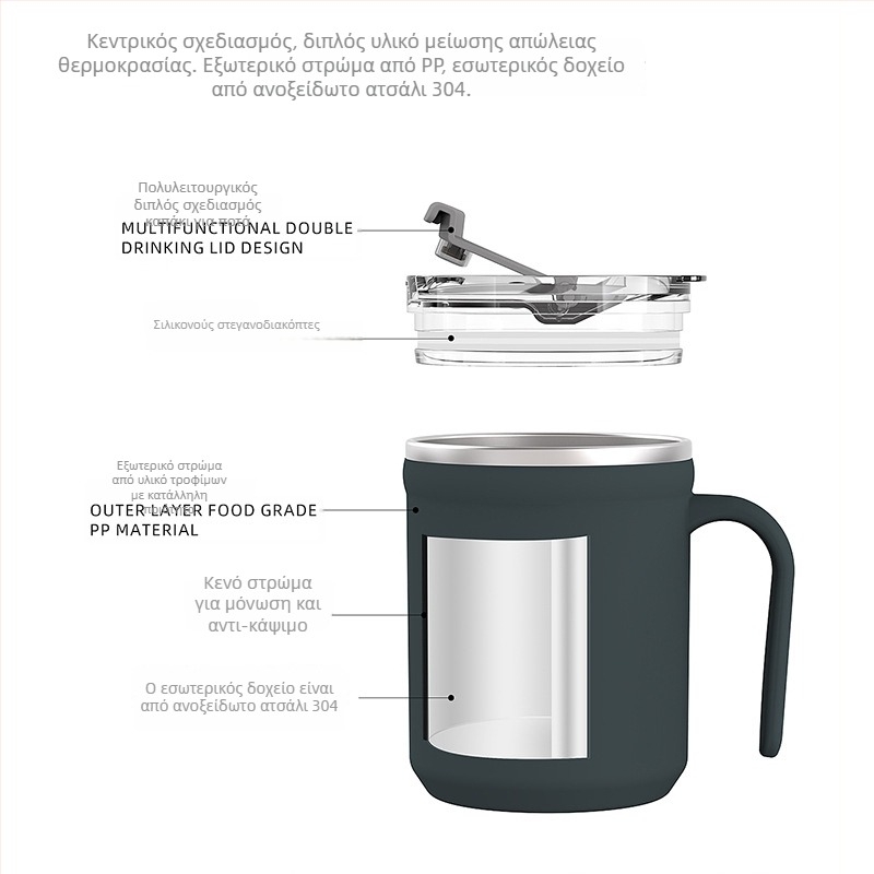 Κούπα από ανοξείδωτο χάλυβα 304 με καπάκι και λαβή — Αντι-καψίματος, Κατάλληλη για καφέ και γάλα, Γραφείο