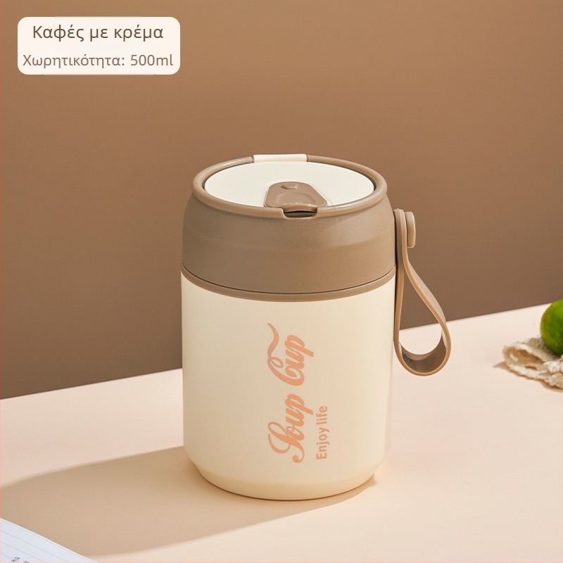 Κύπελλο Πρωινού από Ανοξείδωτο Ατσάλι με Καπάκι και Κουτάλι, Διπλής Τοίχωσης Απομόνωση, Στρογγυλό Φορητό Κύπελλο για Βρώμη και Γάλα