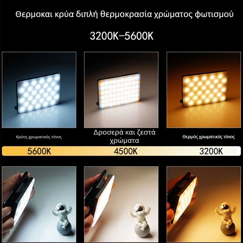 Μίνι φως πλήρωσης για κινητό — φορητό LED φως με τρίχρωμο μαλακό φως, ενσωματωμένη μπαταρία, λειτουργία χειρός, ισχύς κάτω από 10W, για ζωντανές μεταδόσεις και φωτογράφηση